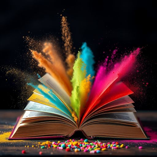 Create an image of an open book with vibrant colored powders exploding around it, shot with a Canon EOS R5, 50mm lens, f/1.8 aperture, ISO 100, in a low light setting with a soft focus background for dramatic effect.