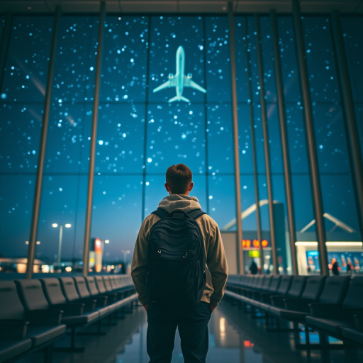 a traveler standing in an airport terminal at night, looking up at a plane flying through a starry sky, with modern seating and a large window view, shot with a Canon EOS R5, 35mm lens, f/2.8, ISO 400, soft focus for a dreamy effect, vibrant colors
