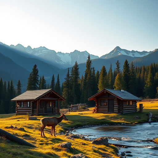 Generate a high-resolution image of a serene mountain landscape featuring a rustic log cabin, a deer grazing near a clear stream, and majestic mountains in the background, with soft morning light illuminating the scene, using a DSLR camera with a 24mm lens, f/8 aperture, ISO 100, and a slight tilt-shift effect for depth.