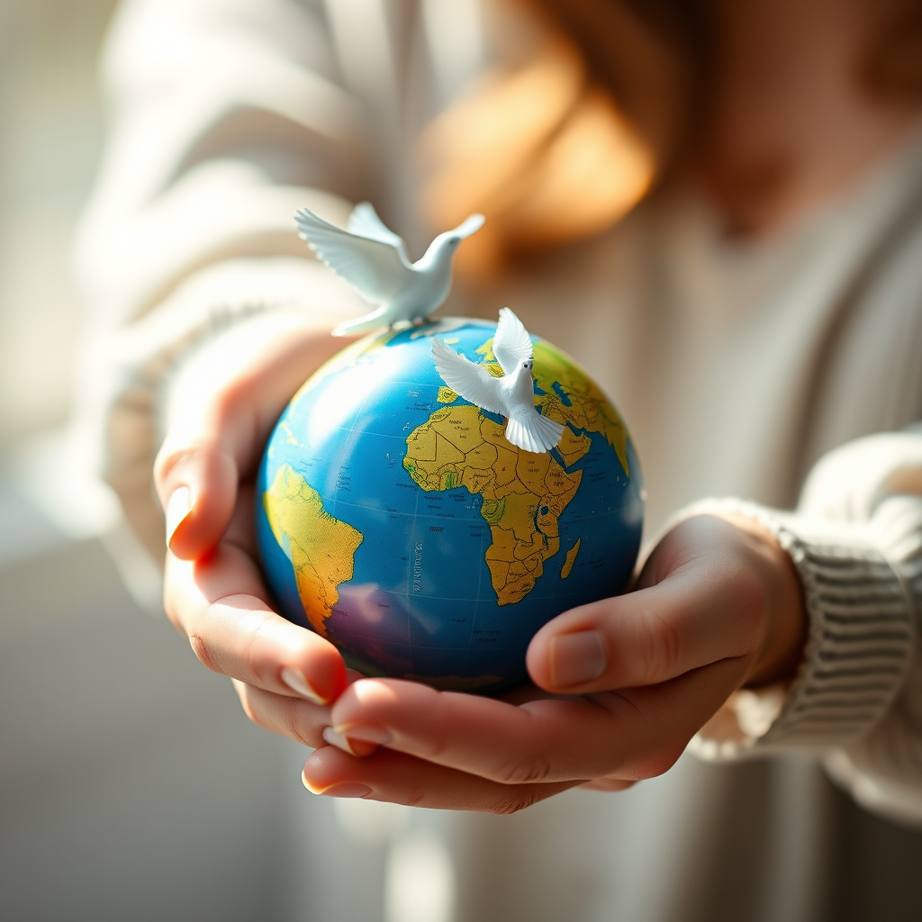 A pair of hands gently cradling a stylized globe with two doves in flight, soft natural lighting, shallow depth of field, captured with a Canon EOS R5, 50mm lens, f/2.8, ISO 100, 1/200 sec.