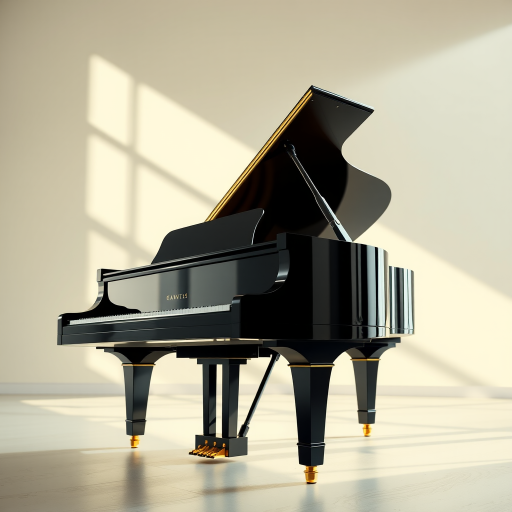 high-quality illustration of a grand piano viewed from a low angle, soft natural lighting, focus on glossy black finish and intricate details, using a digital camera with a focal length of 50mm, aperture f/2.8, ISO 100