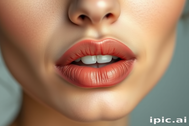 Graceful nude lips with a satin finish, enhancing natural lip contours and creating a timeless, polished look, captured in a minimalist beauty portrait