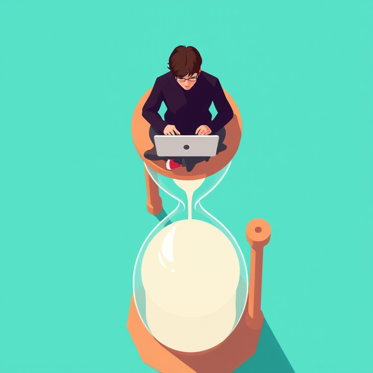 A minimalistic illustration of a person sitting on an hourglass with a laptop, vibrant turquoise background, sharp focus, 85mm lens, f/2.8 aperture, ISO 100, top-down view, digital art style.