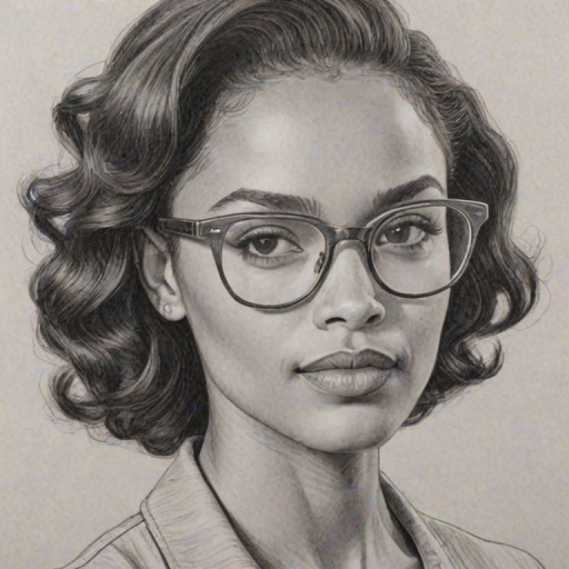 Gorgeous Maisie Richardson-Sellers, pencil sketch, portrait of Lovely woman 1958s in glasses, hair style beatnik, outline, clear lines, fine lines, 8k