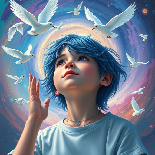 Create a digital painting of a young person with blue hair reaching up to touch floating white birds, with a swirling galaxy of colors in the background; use high-resolution settings, 50mm lens, f/2.8 aperture, and soft lighting to enhance the image quality.