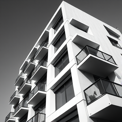 high-contrast black and white photograph of a modern building with sharp angles and balconies, taken from a low angle, using a DSLR camera, aperture f/8, shutter speed 1/250s, ISO 100, natural lighting
