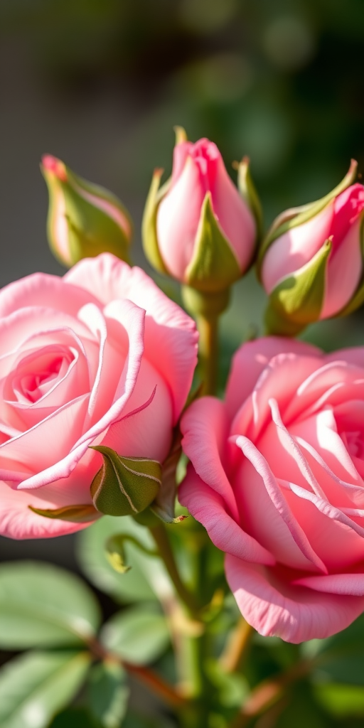 Create a high-resolution image of two blooming pink roses with buds and green leaves, using a macro lens, f/2.8 aperture, 50mm focal length, shot in soft natural light from a slightly elevated angle, with a focus on intricate petal details and vibrant colors.