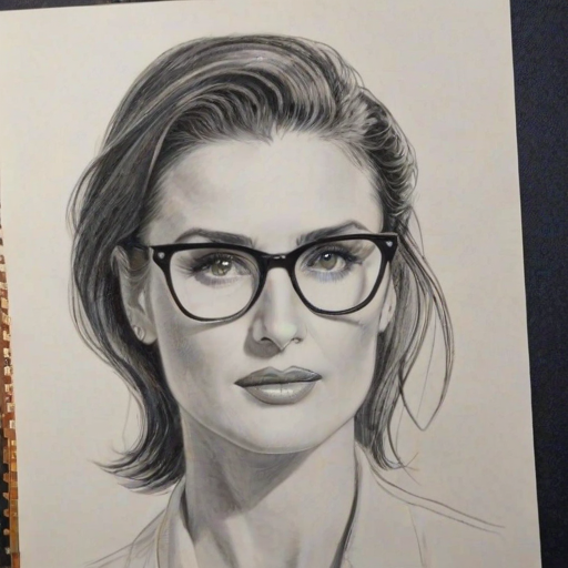 Ravishing Demi Moore, pencil sketch, portrait of Elegant woman 1938s in glasses, hair style beatnik, outline, clear lines, fine lines, 8k