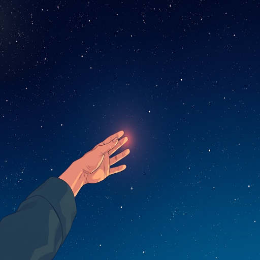 A digital illustration of two hands reaching towards each other against a starry night sky, captured with a Canon EOS R5, 50mm lens, f/1.8 aperture, ISO 100, 1/200 sec shutter speed, in a high-resolution style to enhance clarity and detail.