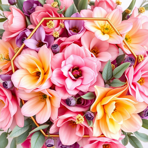Create a vibrant floral arrangement with watercolor-style flowers in soft pinks, purples, and yellows, featuring delicate leaves and a hexagonal golden frame, captured with a Canon EOS R5, 50mm lens, f/1.8 aperture, ISO 100, and natural lighting for enhanced detail and depth.