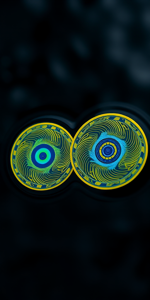 Generate an image of two floating, spinning discs with intricate patterns in bright yellow and blue against a dark water background, using a DSLR camera with a focal length of 50mm, aperture set to f/1.8, ISO 100, in a low-angle shot for dramatic effect, and employing HDR technique for enhanced detail and clarity.