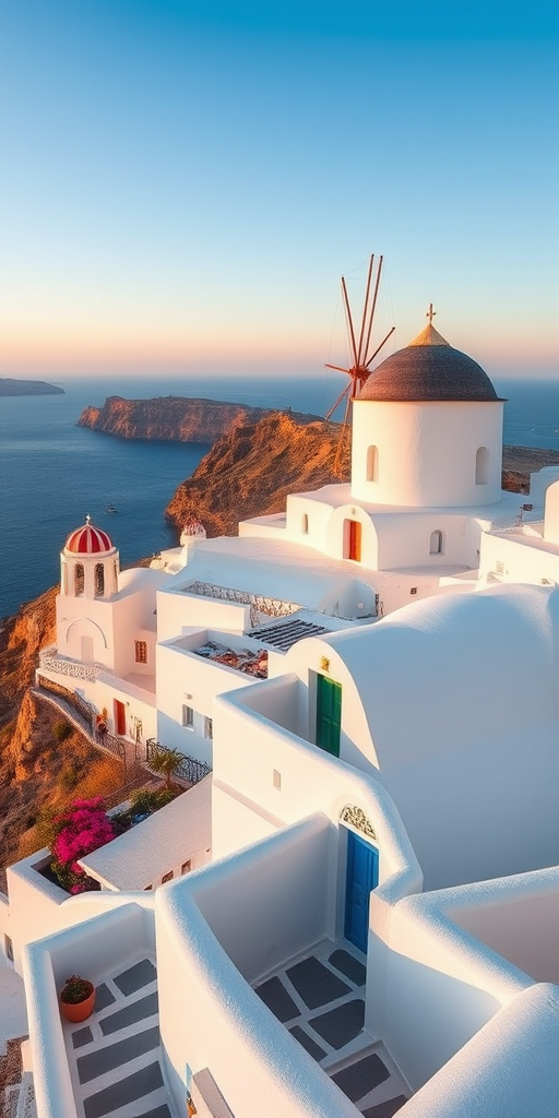 capture a picturesque coastal scene of Santorini, Greece with whitewashed buildings and a windmill overlooking the sea during golden hour, using a Canon EOS R5, 24mm lens, f/8 aperture, ISO 100, and a focus on vibrant colors and sharp details.