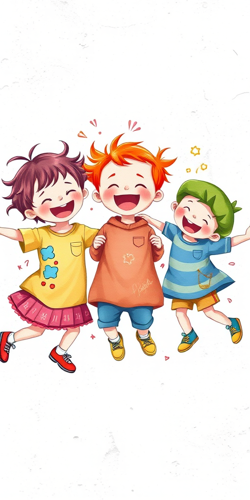 Create a vibrant illustration of three children playing joyfully, with colorful hair and clothes, on a textured white background, captured with a DSLR camera, 50mm lens, f/2.8 aperture, ISO 100, in natural lighting for enhanced color saturation.