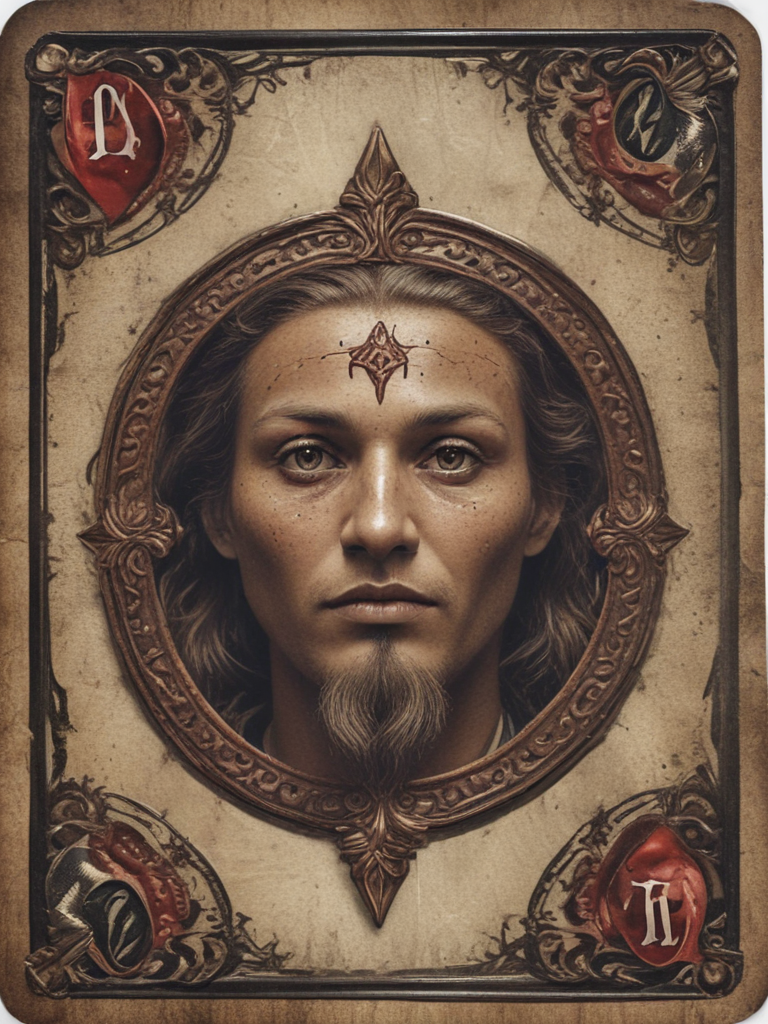Portrait of a Mysterious Figure Framed by Intricate Symbols and Designs