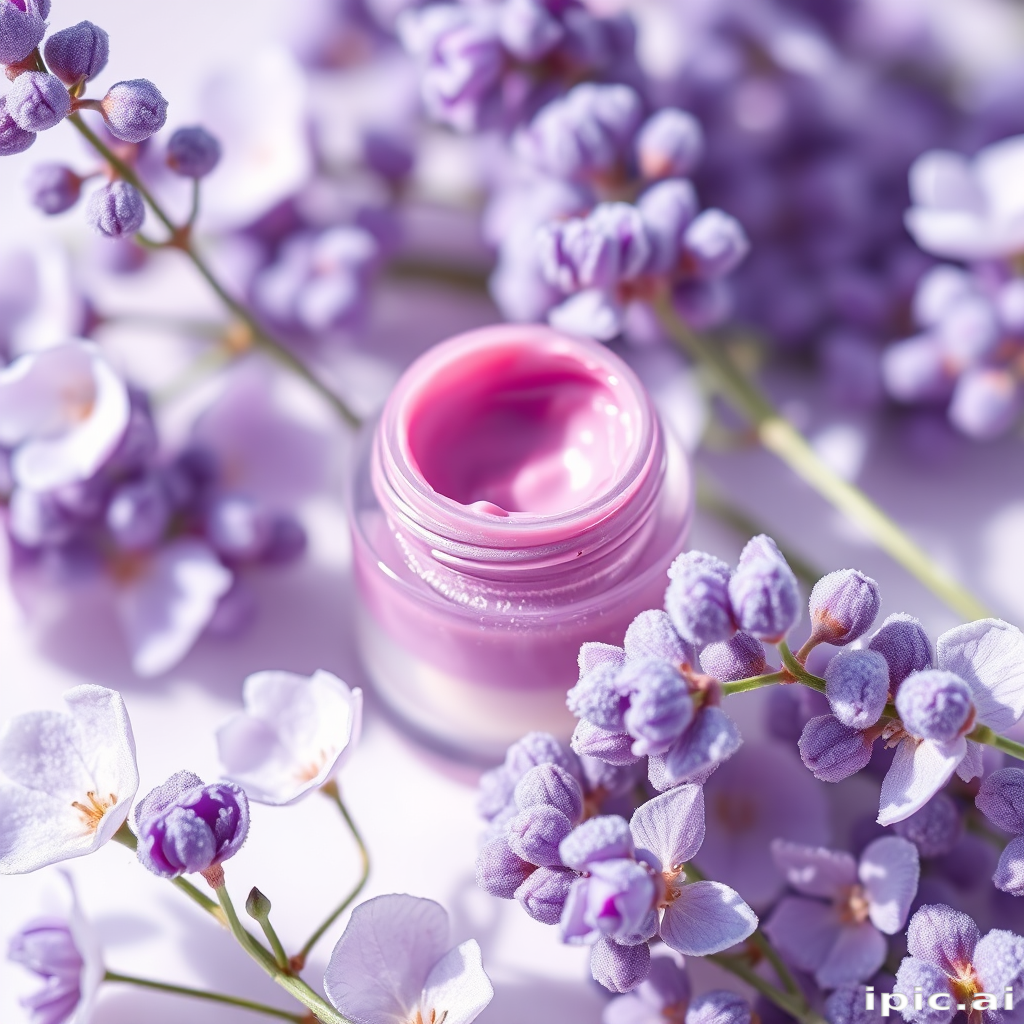 Frosted lavender lip cream "Moonlit Petals" with a soft, whipped texture and delicate pearl sheen, perfect for ethereal and romantic makeup looks, enriched with soothing botanicals
