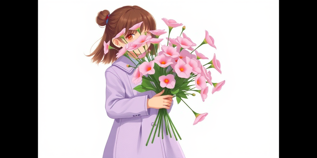 Create an illustration of a girl in a lavender coat holding a bouquet of pink flowers, standing against a white background, shot with a 50mm lens at f/2.8, with a soft focus and high saturation, using a digital art style.