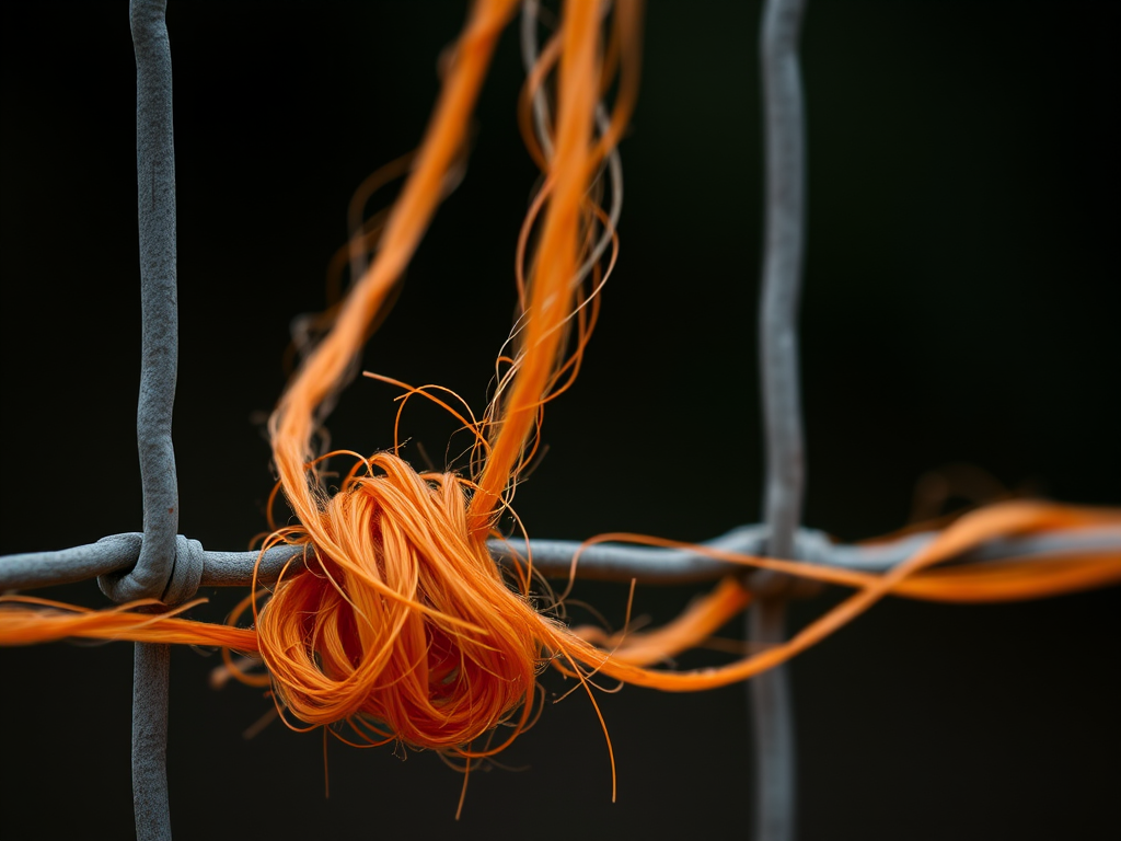 macro shot of an orange fiber tangled on a metal fence with a blurred dark background, f/2.8, 1/250s, ISO 100, 50mm lens, natural light, focus on the fiber, shallow depth of field, DSLR.