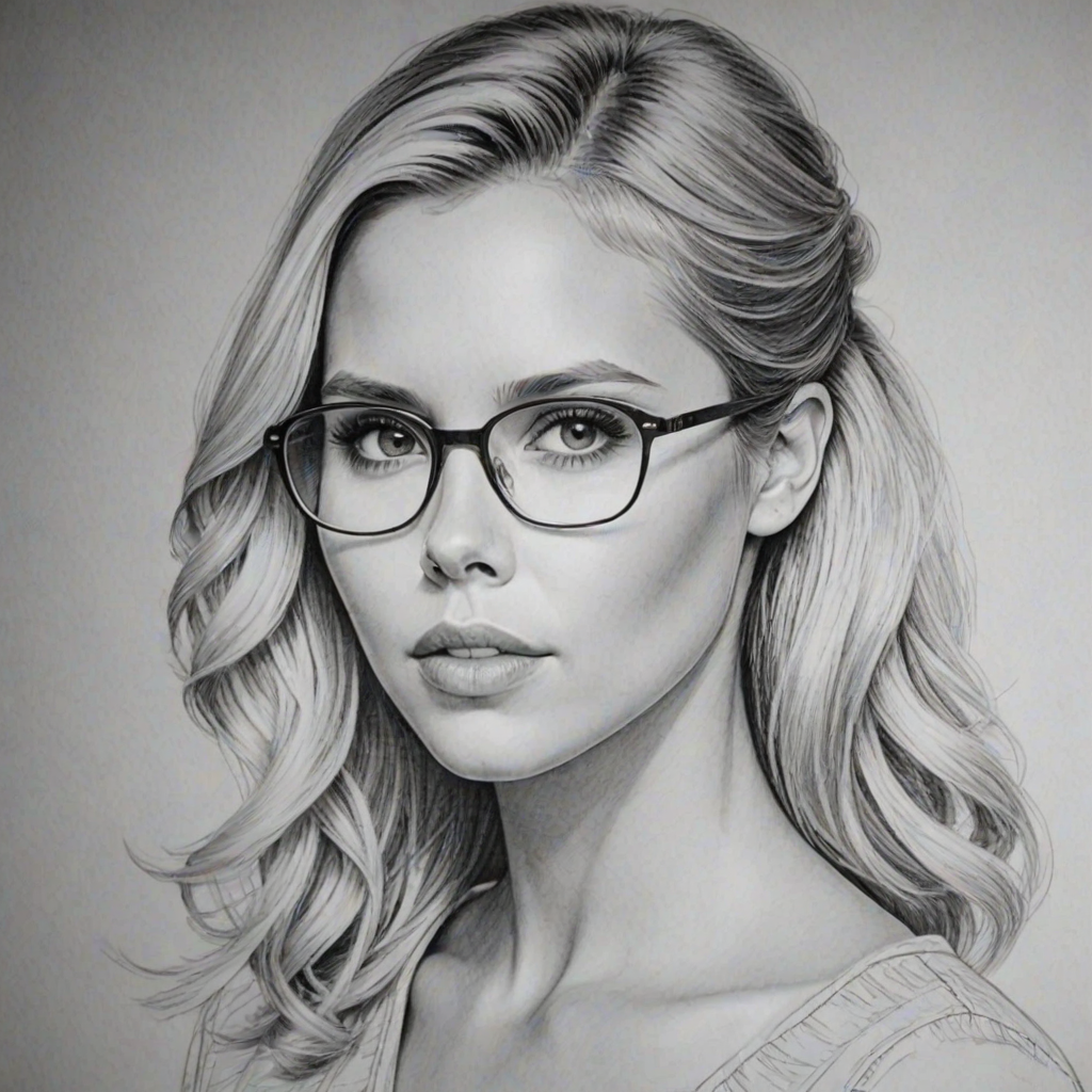 Beauteous Claire Holt, pencil sketch, portrait of Stunning woman 1958s in glasses, hair style beatnik, outline, clear lines, fine lines, 8k