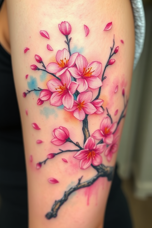Vibrant watercolor tattoo showcasing a blooming cherry blossom tree with petals floating in the wind, featuring soft pastel hues and delicate brushstrokes, known as "Sakura Splash"