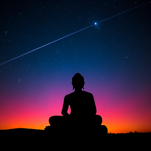 Generate a silhouette of a seated Buddha against a starry night sky with a shooting star, vibrant gradient colors in the background, shot with a DSLR camera, aperture f/2.8, ISO 200, 24mm lens, long exposure for enhanced light capture.
