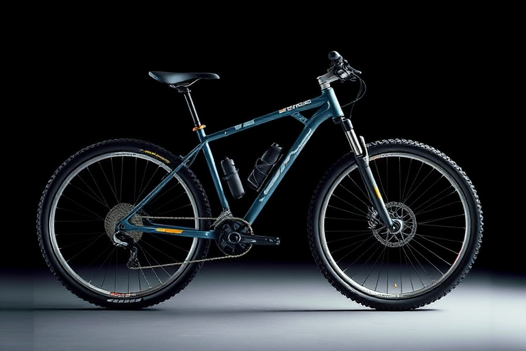 Create an x-ray style image of a mountain bike with a black background, using a DSLR camera with a 50mm lens, aperture f/2.8, ISO 100, and a shutter speed of 1/250 sec, capturing a low-angle view to emphasize the bike's structure and details.