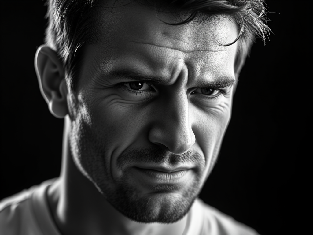 Create a high-contrast black and white portrait of a man with a strong emotional expression, side profile, using a 50mm lens, f/1.8 aperture, ISO 200, shutter speed 1/200s, with soft lighting to enhance facial details and texture.
