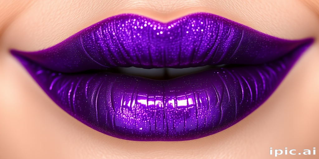 Regal "Royal Amethyst" lips adorned with a rich, shimmering purple color, meticulously applied to create a luxurious, jewel-like effect