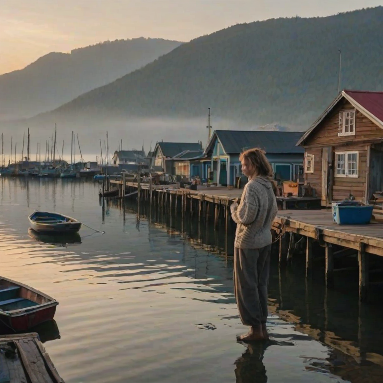 Quiet fishing village at dawn, wooden boats tied up at the dock, a woman in a knit sweater walks along the pier, her hands in her pockets as she watches the fishermen prepare for the day.