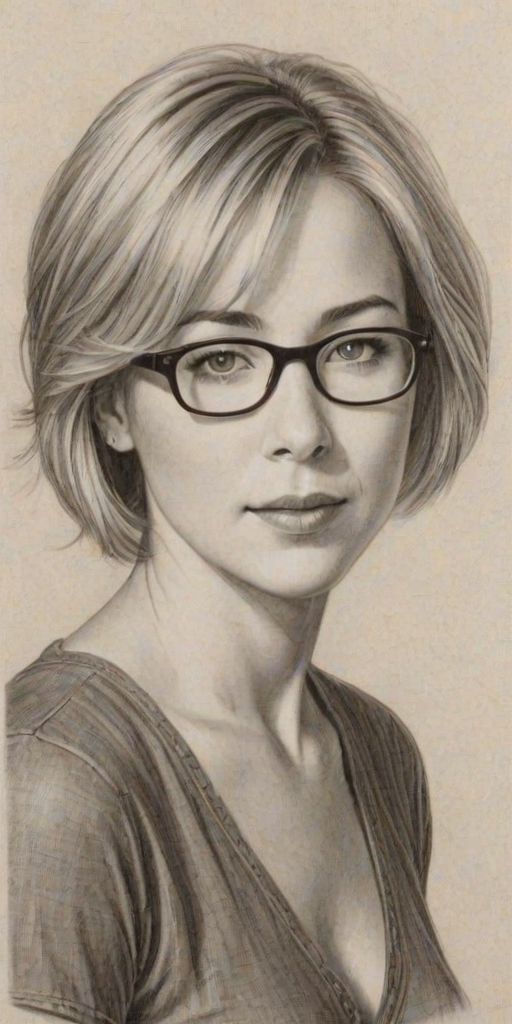 Enchanting Traylor Howard, pencil sketch, portrait of Radiant woman 1924s in glasses, hair style beatnik, outline, clear lines, fine lines, 8k