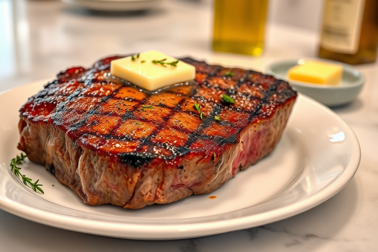 Create an image of a perfectly seared ribeye steak, resting on a white plate with a pat of melting butter on top. The steak is seasoned with fresh herbs like thyme and parsley, with glistening juices highlighting the texture of the meat. The background features a soft focus on a light, marble countertop, with a small dish of butter and an olive oil bottle in the distance. The overall mood should be warm and inviting, capturing the deliciousness and juiciness of the steak.