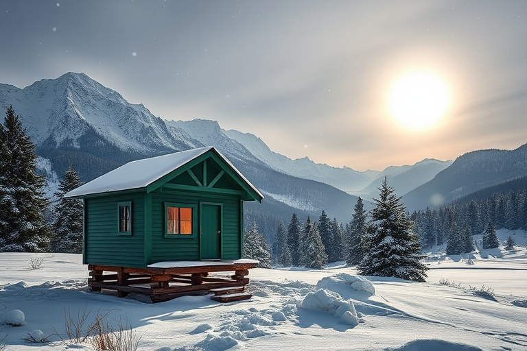 Create a serene winter landscape featuring a quaint green cabin on stilts, surrounded by snow-covered mountains, evergreen trees, and a large sun rising in a gray sky with snowflakes gently falling, captured with a DSLR camera at f/8, ISO 100, shutter speed 1/250s, with a wide-angle lens for a dynamic view.
