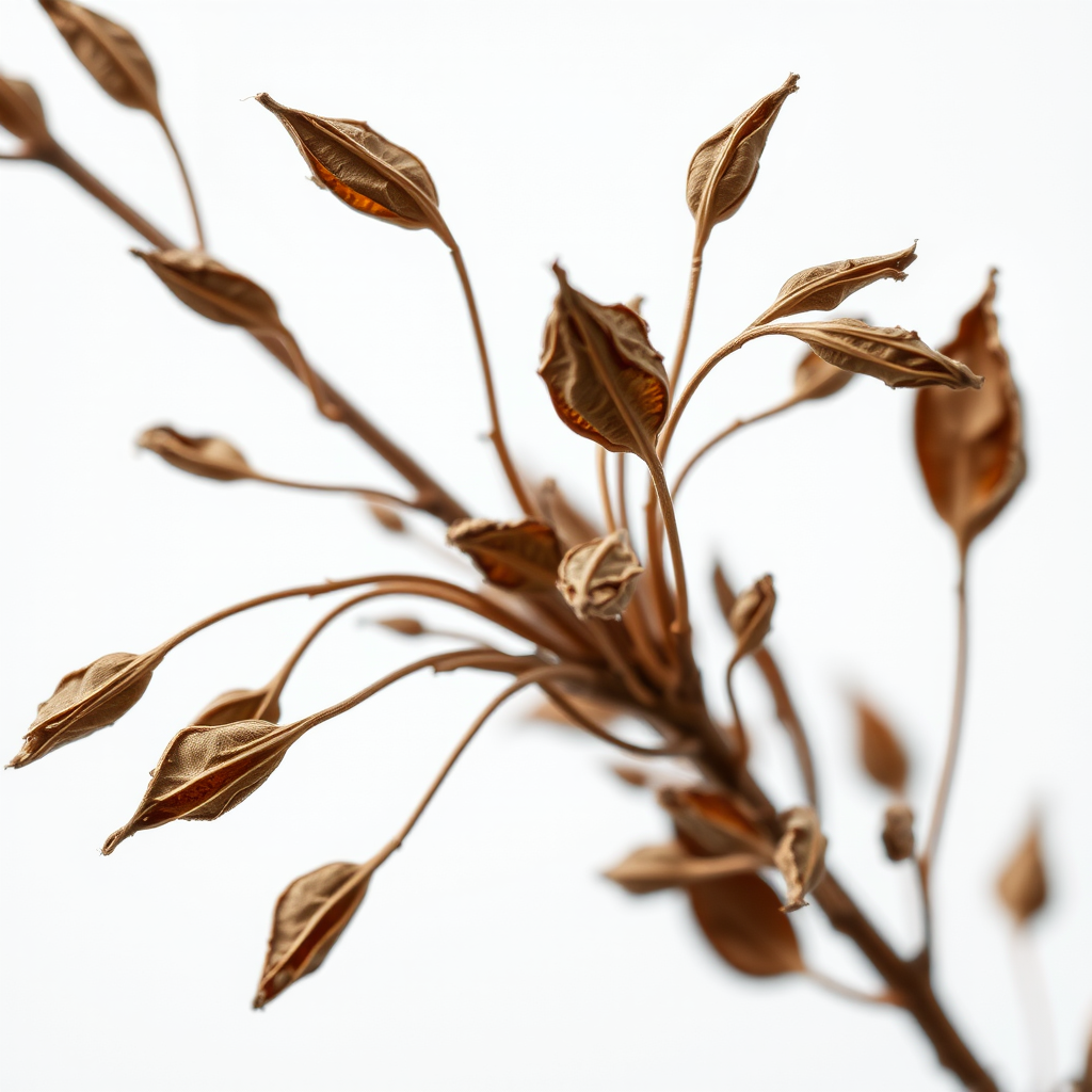 a detailed close-up of a dried plant with brown leaves on a white background, high aperture (f/2.8), shutter speed 1/125s, ISO 200, macro lens, studio lighting, DSLR camera