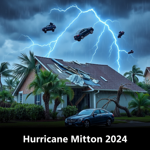 Hurricane Milton blows a roof off a home. Strong winds and rain blows sideways. Palm trees uprooted and bent over. Cars flying through the sky with debris. Sky is dark with thunder storms. Lightning strikes are fluorescent blue. Add text Hurricane Milton 2024