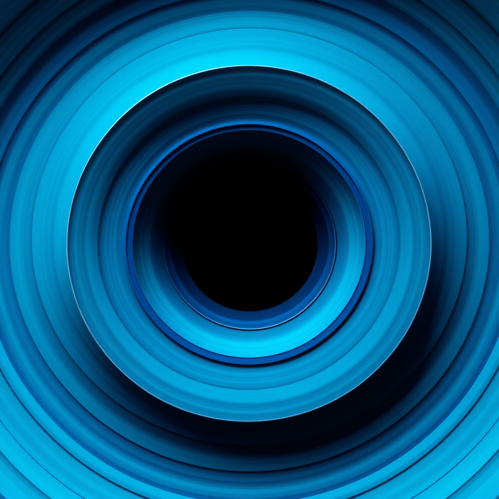 create a vibrant abstract image of concentric circles in varying shades of turquoise and blue, with a deeper black center, captured with a DSLR camera, f/8 aperture, 1/60s shutter speed, ISO 200, 50mm lens, in a symmetrical view for enhanced depth and clarity
