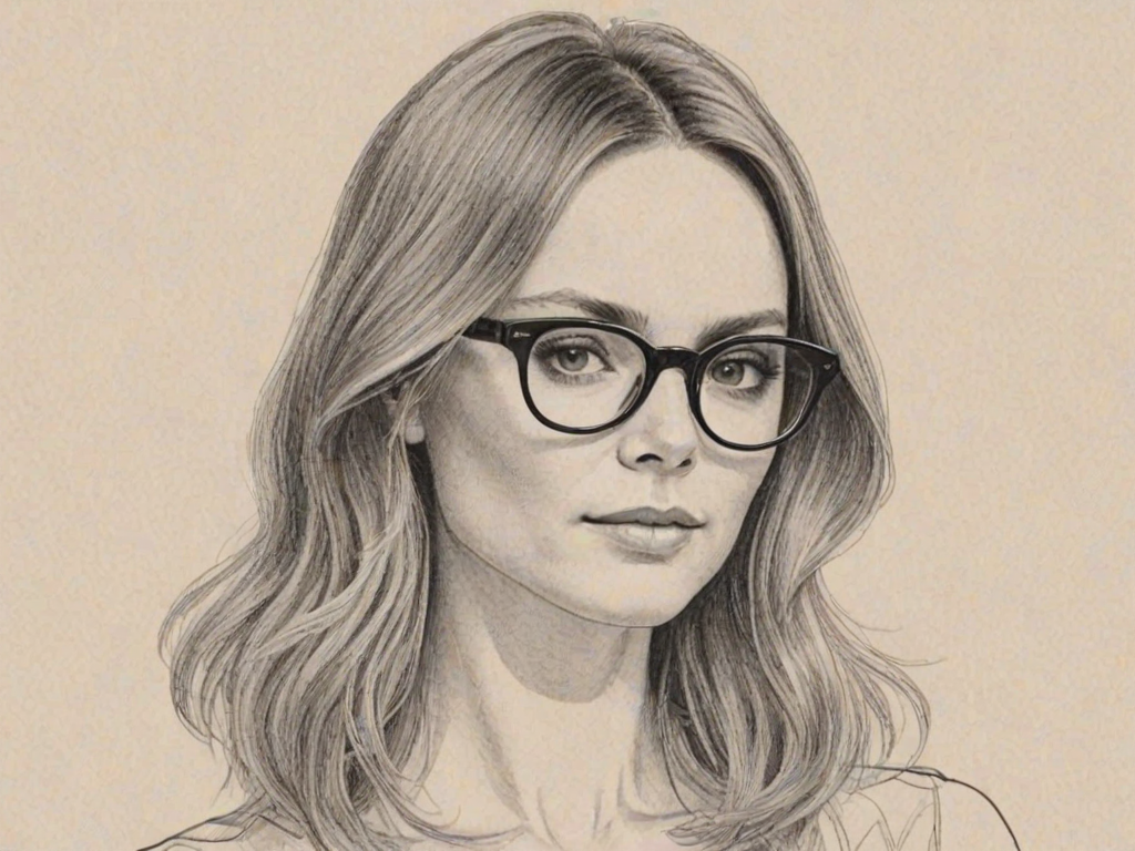 Elegant Stella McCartney, pencil sketch, portrait of Comely woman 1969s in glasses, hair style beatnik, outline, clear lines, fine lines, 8k