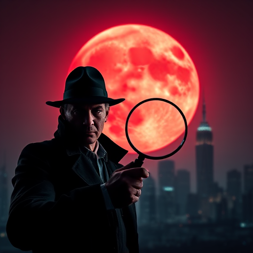 create an image of a mysterious detective holding a magnifying glass in front of a city skyline at night with a large red moon in the background, using a DSLR camera, 50mm lens, f/1.8 aperture, ISO 200, low-angle perspective, dramatic lighting and deep shadows for contrast