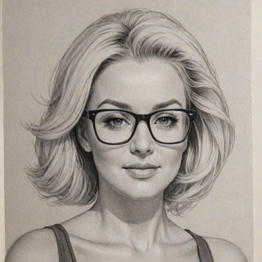 Fetching Kellie Pickler, pencil sketch, portrait of Stunning woman 1963s in glasses, hair style beatnik, outline, clear lines, fine lines, 8k