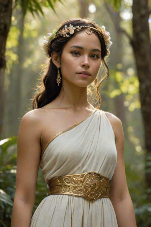 Create a portrait of a goddess-like Aymara girl figure in a tranquil, forested environment. She has an elegant appearance with long, wavy hair styled in an updo and adorned with a delicate, floral headband. She wears a flowing, ancient Greek-inspired gown in a soft, pale color, featuring a one-shoulder design and draped fabric that accentuates her graceful form. The outfit includes a decorative belt with ornate gold detailing, and she holds a bow in her hand, with a quiver of arrows slung over her shoulder. The background depicts lush greenery, with sunlight filtering through the trees, casting a gentle, ethereal light on the scene. Her expression is calm and contemplative, embodying a sense of wisdom and serenity.