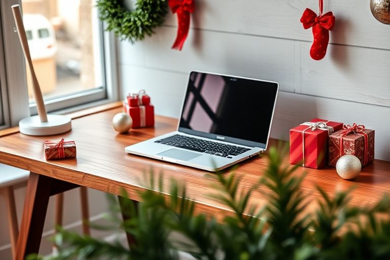 Create a cozy workspace scene with a wooden table and a laptop on it, festive decorations like red and silver gift boxes, ornaments, and a green plant in the foreground, shot with a Canon EOS R5, 50mm lens, f/2.8 aperture, 1/125 sec shutter speed, ISO 200, natural lighting.