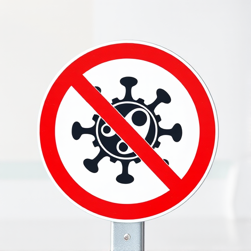 Generate a high-resolution image of a round prohibition sign featuring a stylized virus icon in black, surrounded by a red circular border with a white background, using a DSLR camera with a 50mm lens, f/2.8 aperture, ISO 100, and natural lighting for sharp details.