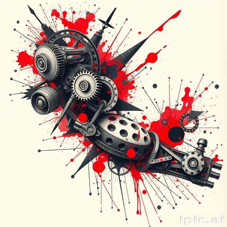 Biomechanical trash polka tattoo combining realistic mechanical elements with abstract splashes of red and black ink, creating a dynamic and chaotic full-sleeve masterpiece