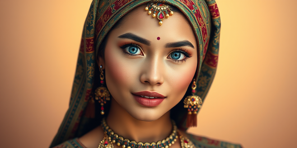 Create a portrait of a beautiful Indonesian woman with striking blue eyes and a gentle expression. She is adorned in traditional attire with intricate patterns, including a richly embroidered headscarf and matching garments. Her jewelry includes a delicate headpiece, dangling earrings, and ornate bracelets, all featuring vibrant gemstones and detailed metalwork. The background is soft and warm, enhancing the rich colors of her outfit and jewelry.