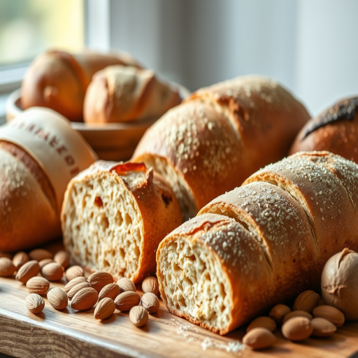 high-quality still life of assorted bread loaves and almonds arranged artistically, soft natural lighting, shallow depth of field, taken with a DSLR camera, 50mm lens, f/2.8 aperture, ISO 100, 1/125s shutter speed