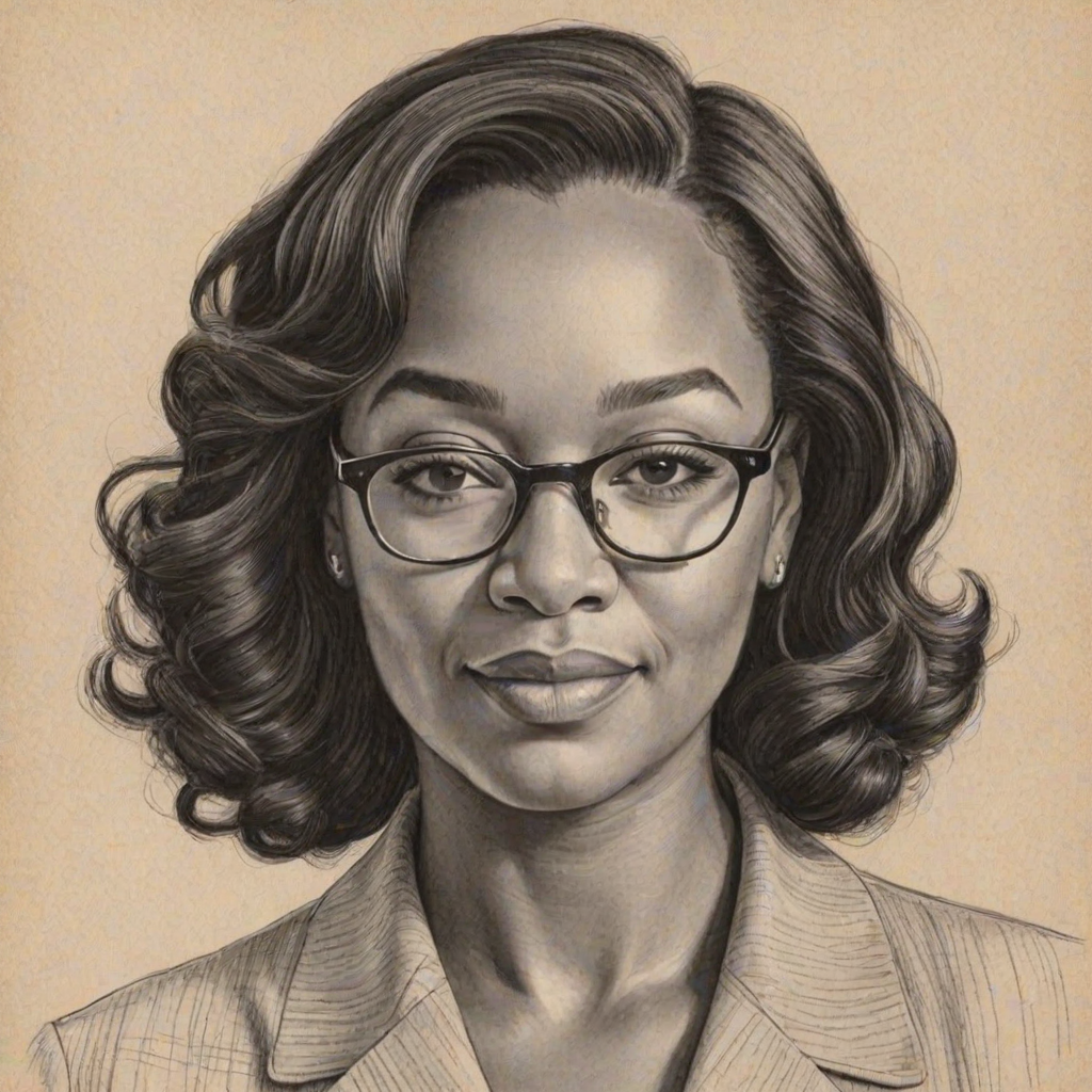 Gorgeous Shonda Rhimes, pencil sketch, portrait of Delightful woman 1953s in glasses, hair style beatnik, outline, clear lines, fine lines, 8k