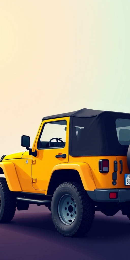 Create a vibrant illustration of a yellow jeep with a black top, set against a soft gradient background, using a 50mm lens, f/2.8 aperture, ISO 100, and a wide-angle perspective in a digital painting style.