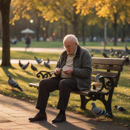 Blurry candid shot of an old man sitting on a park bench feeding pigeons, soft golden light from the setting sun reflecting off the nearby pond, with trees softly swaying in the background.