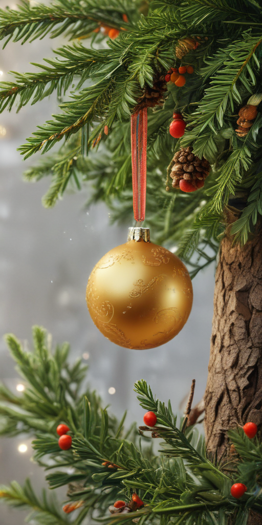 Beautiful Golden Christmas Ornament Hanging on a Festive Evergreen Tree