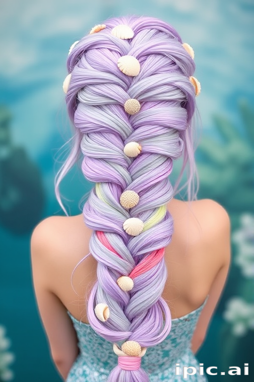 Whimsical mermaid braid in pastel lavender, incorporating colorful extensions and adorned with seashells, embodying a magical underwater-inspired look