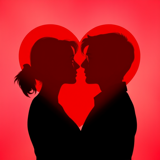 Generate an image of a red heart silhouette featuring two profiles facing each other at the center, with a soft focus lens effect, using a 50mm f/1.8 lens on a DSLR camera, aperture set to f/4, ISO 100, and a slight vignette for depth.