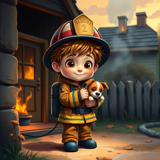 airbrushed oil painting, pixar style, cute little boy in fireman gear, helmet, tousled hair, expressive eyes, standing in the doorstep of a cottage burning behind him, holding a cute little dog in his arm, atumn sky